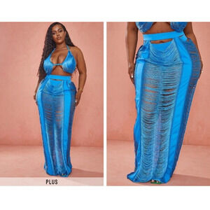 Pretty Little Thing Fringed Maxi Skirt Coverup Bikini Set Plus Size 22 Vacation